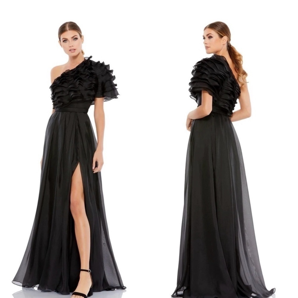 Mac Duggal One-Shoulder Black Ruffle Evening Gown
